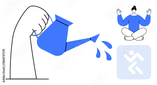 Growth, mindfulness, sustainability, wellness, self-care, personal development. A hand pours water from a blue watering can next to a meditating figure and an abstract growth icon. Growth