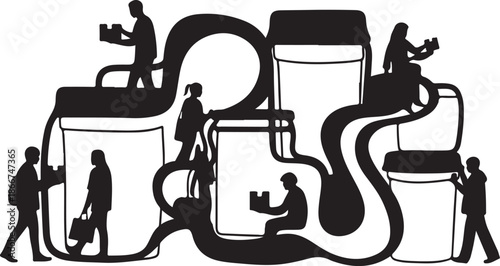 Silhouette of people working around large containers and tubes