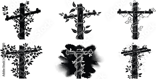 Utility pole silhouette with overgrown vines, electrical power line wooden cross set, nature reclaiming industrial infrastructure, old wood wire icons, vector.