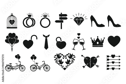 Black silhouettes of love and romance related objects and symbols on white background