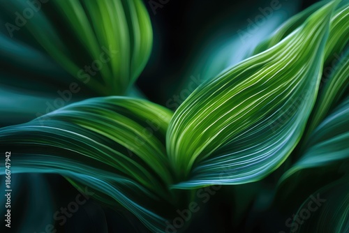 Close-up of lush, vibrant green leaves with delicate white striations, shadows