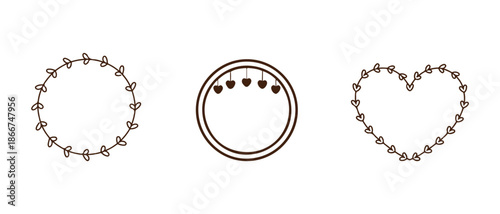 Set of cute hearts frame, hand drawn doodle heart wreath, decorative romantic round border element