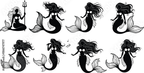 Black and White Mermaid Silhouette Vector Set Featuring Mythical Sea Creatures with Trident, Singing, and various Elegant Underwater Poses for Design