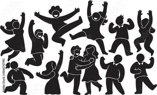 Silhouette of happy people jumping and dancing together in celebration