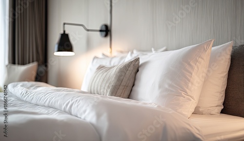 Cozy bedroom scene featuring a neatly made bed with white linens and decorative pillows