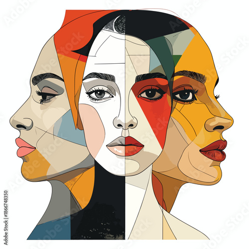 Abstract vector artwork: three interconnected female faces representing diverse emotions