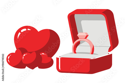 Red hearts and a diamond ring in a red jewelry box on white background