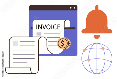 E-commerce, billing systems, financial transactions, notifications, online payments, global trade. Invoice document, coin symbol notification bell interconnected globe graphic. Billing systems