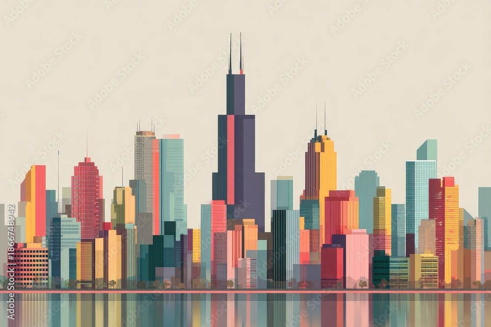 Fototapeta premium Stylized, low-poly depiction of a vibrant city skyline reflecting in calm water