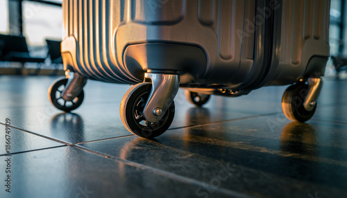 Journey's Beginning Durable Luggage Casters Poised on Polished Tiles in a Bright Departure Hall