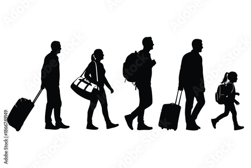 silhouettes of people walking in a line with luggage and bags  travelers on the move