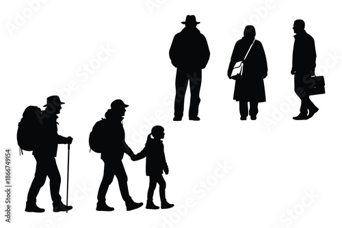 silhouettes of people walking and standing in various poses and outfits on white background