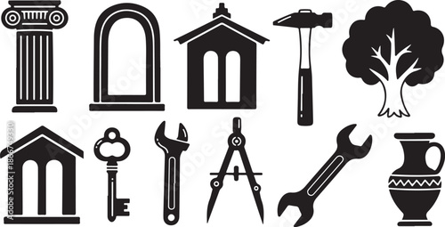 Black and white construction architecture icons set