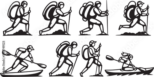 Outdoor Adventure Icons Set with Hiking and Kayaking Illustrations
