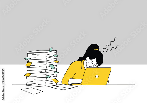 Stressed worker overwhelmed by paperwork - Lifestyle Illustration, Flat Line Art, Flat Style Illustration, Flat Line Illustration, Cartoon Line Illustration, Modern Outline Flat Illustration