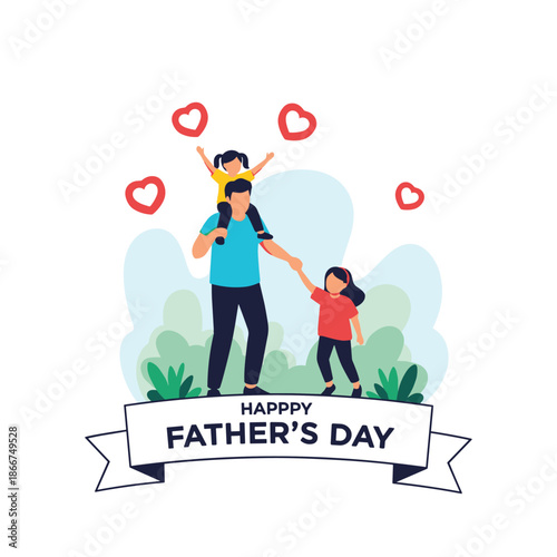 Happy father carrying his young daughter on his shoulders and holding the hand of another daughter in a park for Father's Day celebration.