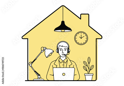 Person working remotely from home office - Lifestyle Illustration, Flat Line Art, Flat Style Illustration, Flat Line Illustration, Cartoon Line Illustration, Modern Outline Flat Illustration