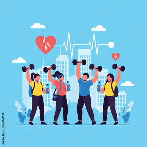 Diverse group of people lifting heavy dumbbells during an outdoor workout session in a park with a city skyline and heart rate monitors.