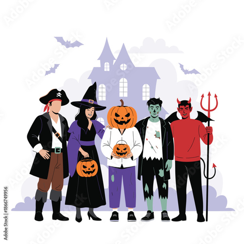 Group of people dressed in various Halloween costumes like a pirate, witch, pumpkin, zombie, and devil in front of a spooky haunted house.