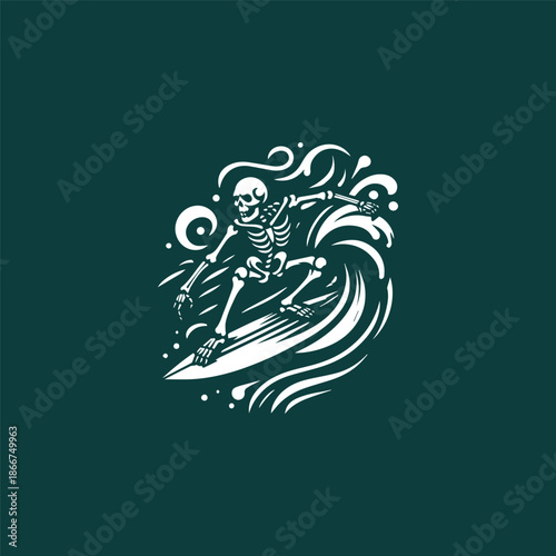 Illustration of a skeleton logo surfing on the waves