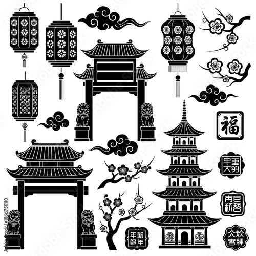 Chinese Gate Architecture Icon Set