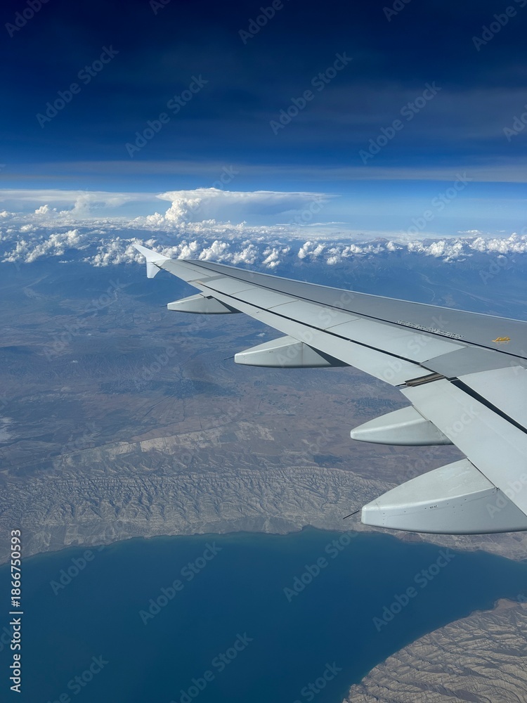 Obraz premium Aerial view from an airplane showing mountains and a body of water below. Scenic landscape capturing natural terrain from above.