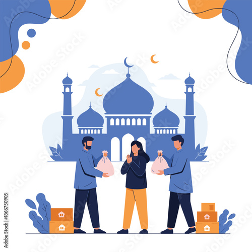 Muslim men giving bags of alms or zakat to a woman in front of a mosque to symbolize charity and kindness during ramadan.