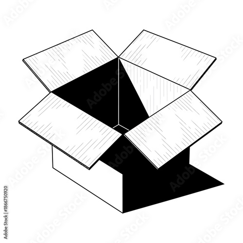 An open box is illustrated in a simple black and white drawing style.