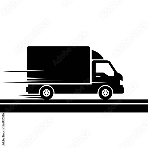 A delivery truck speeding down the highway on a clear day from a side view