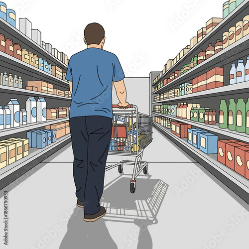 Man shopping in a supermarket aisle with various products on shelves