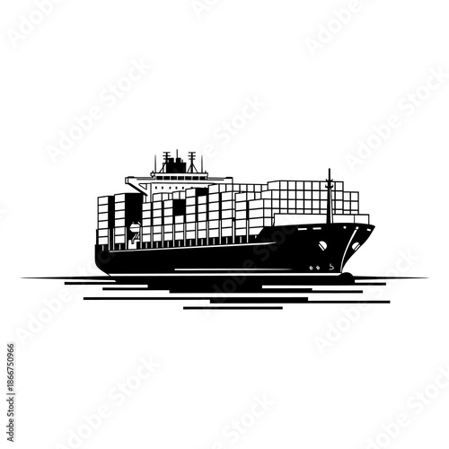 A cargo ship sailing on calm waters, viewed from the side, illustrating transportation and industry