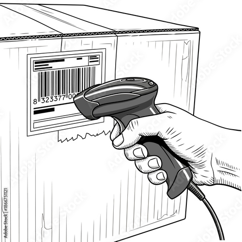 Hand holding a barcode scanner in front of a box with a barcode