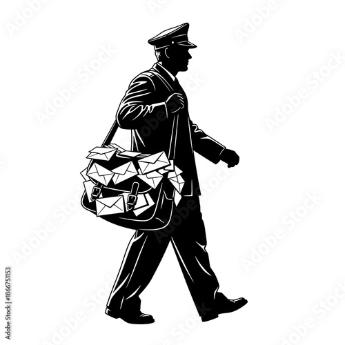 Postal worker walking with mail bag full of letters