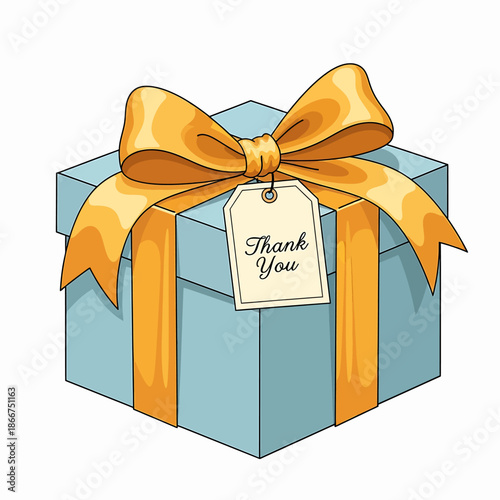 A beautifully wrapped blue gift box with a golden ribbon and a thank you tag
