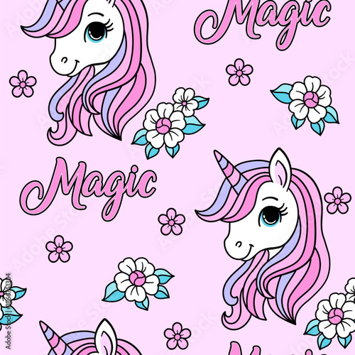 Fashion abstract seamless pattern with unicorn and flowers  for girl. Magic unicorn print