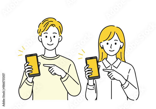 Two people engaged with smartphones - Lifestyle Illustration, Flat Line Art, Flat Style Illustration, Flat Line Illustration, Cartoon Line Illustration, Modern Outline Flat Illustration