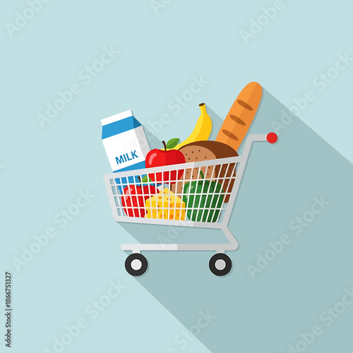 A shopping cart filled with various grocery items on a light blue background