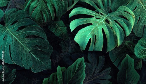 Dense arrangement of large, dark green leaves with fenestrated shapes, natural light