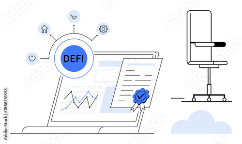 Decentralized finance, cryptocurrency, blockchain, fintech, remote work, digital economy. Laptop with charts, DeFi concept icon certification office chair. Decentralized finance and cryptocurrency