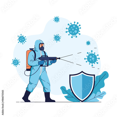 Professional cleaner in a full protective hazmat suit spraying disinfectant to fight large virus particles and ensure safety.