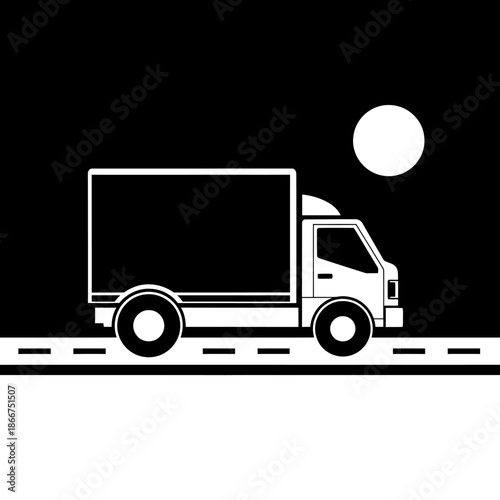 Delivery truck driving on a road at night under the moonlight