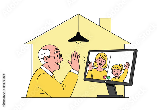 Grandfather waving to grandchildren on video call - Lifestyle Illustration, Flat Line Art, Flat Style Illustration, Flat Line Illustration, Cartoon Line Illustration, Modern Outline Flat Illustration