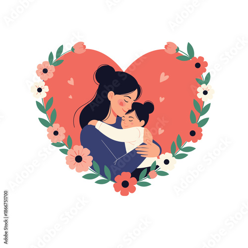 Loving mother embraces her young child within a heart shaped floral frame to celebrate motherhood and maternal bonds.