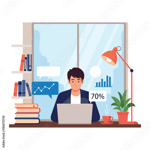 Dedicated businessman works on a laptop at his desk with coffee and books while analyzing digital data charts and graphs.