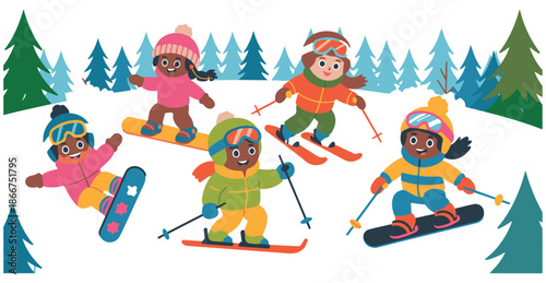 Diverse group of children snowboarding and skiing in snowy forest landscape