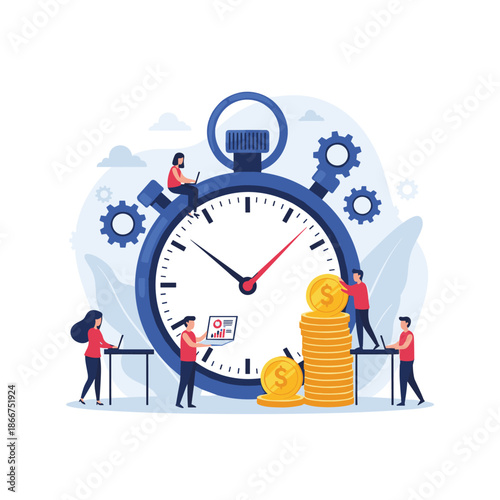 Professionals manage their time and increase productivity while working around a giant stopwatch with coins and gears.