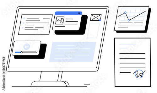 Computer screen displaying files, analytics, emails, media, documents, and a signed contract. Ideal for productivity, collaboration, digital workflow business strategy analytics communication