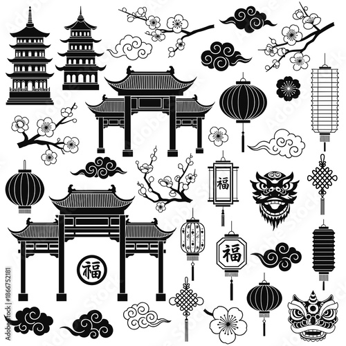 Chinese Temple and Symbol Icon Set