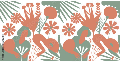 Abstract floral composition with human figures and botanical shapes in earth tones graphics
