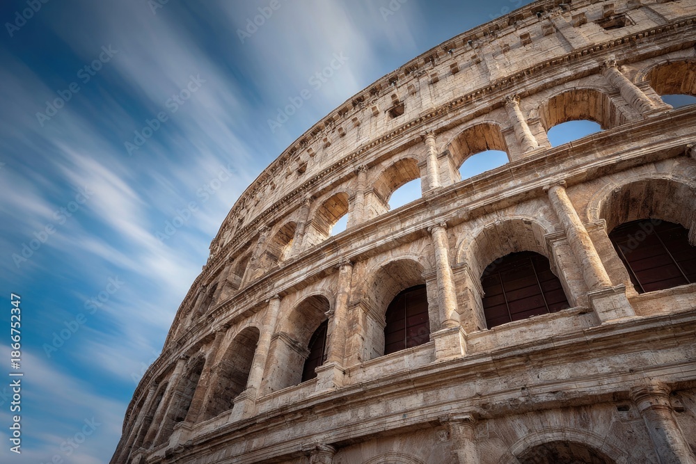 Fototapeta premium Ancient amphitheater's facade under a dynamic, streaking blue sky